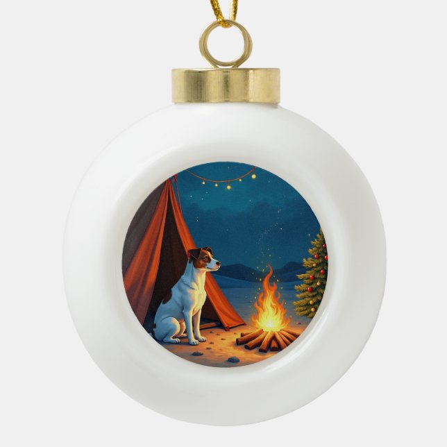 Jack Russell Christmas Camping Night Painting Keramik Kugel-Ornament (Vorderseite)