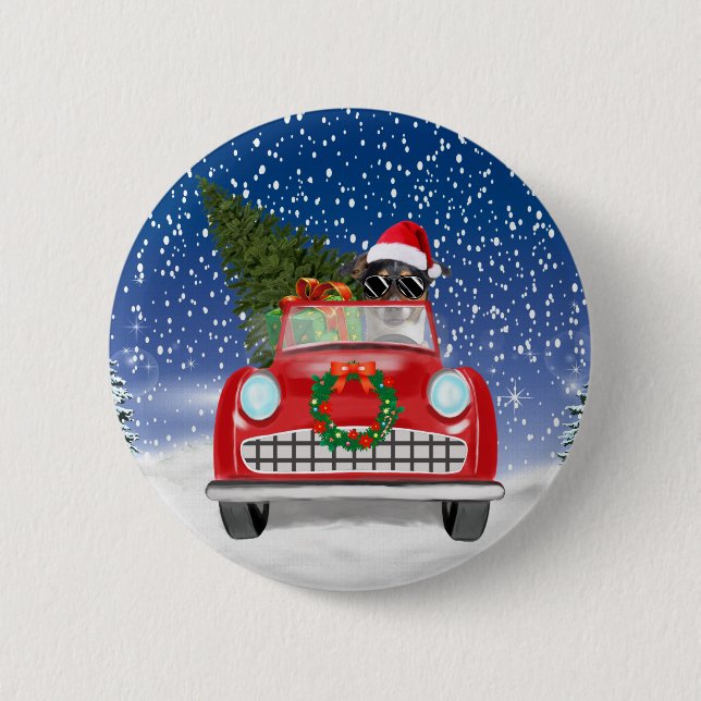 Jack Russell Dog Autofahren Auto im Schnee Weihnac Button (Vorderseite)