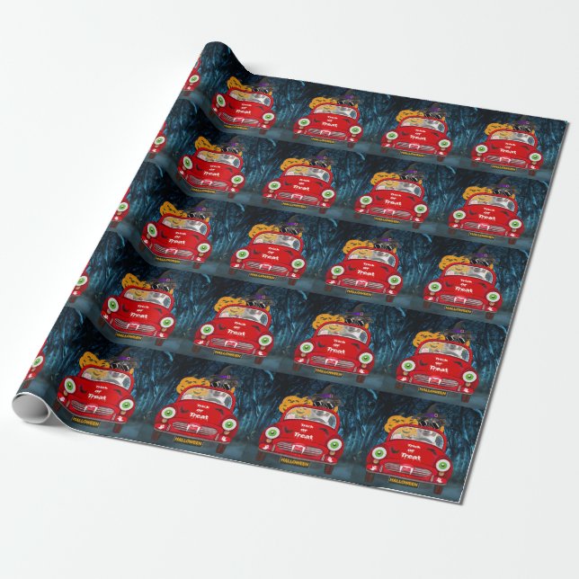 Jack Russell Dog Driving Car Beängstigend Hallowee Geschenkpapier (Ungerollt)
