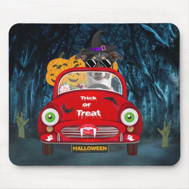 Jack Russell Dog Driving Car Beängstigend Hallowee Mousepad (Vorne)