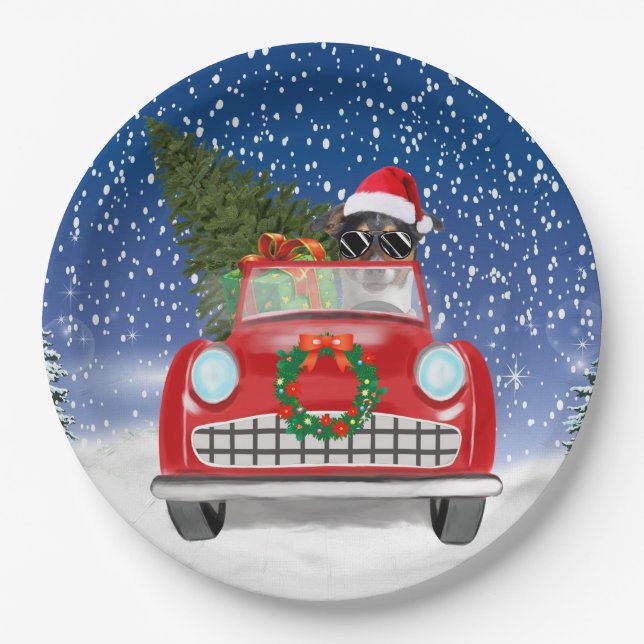 Jack Russell Dog Driving Car In Snow Christmas  Pappteller (Vorderseite)