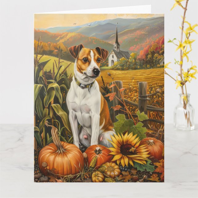 Jack Russell Dog Herbsternte Erntedank Karte (Gelbe Blume)