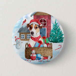 Jack Russell Dog Im Schnee Weihnachtshund Haus Button