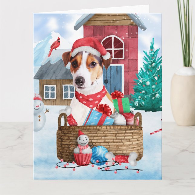 Jack Russell Dog Im Schnee Weihnachtshund Haus Karte (Vorderseite)