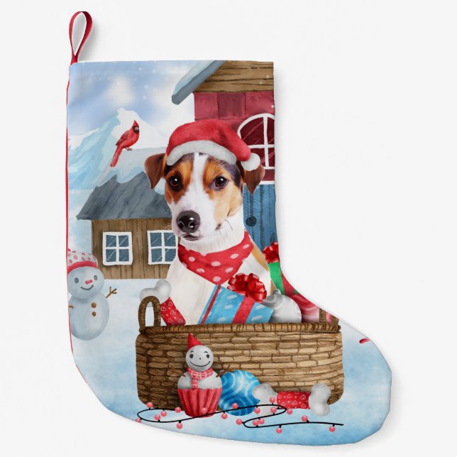 Jack Russell Dog Im Schnee Weihnachtshund Haus Kleiner Weihnachtsstrumpf (Vorderseite)