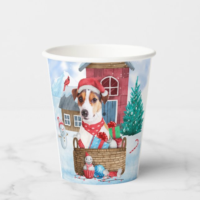 Jack Russell Dog Im Schnee Weihnachtshund Haus Pappbecher (Vorderseite)