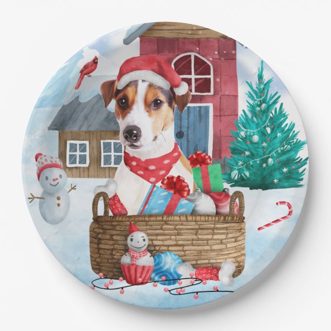 Jack Russell Dog Im Schnee Weihnachtshund Haus Pappteller (Vorderseite)