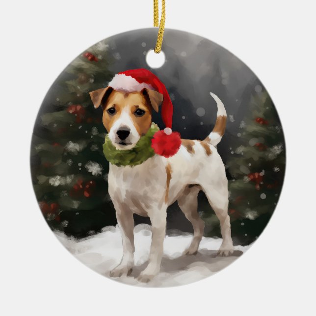 Jack Russell Dog in Schnee Weihnachten Keramik Ornament (Vorne)