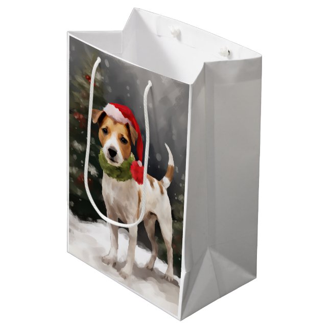 Jack Russell Dog in Schnee Weihnachten Mittlere Geschenktüte (Vorderseite Schrägansicht)
