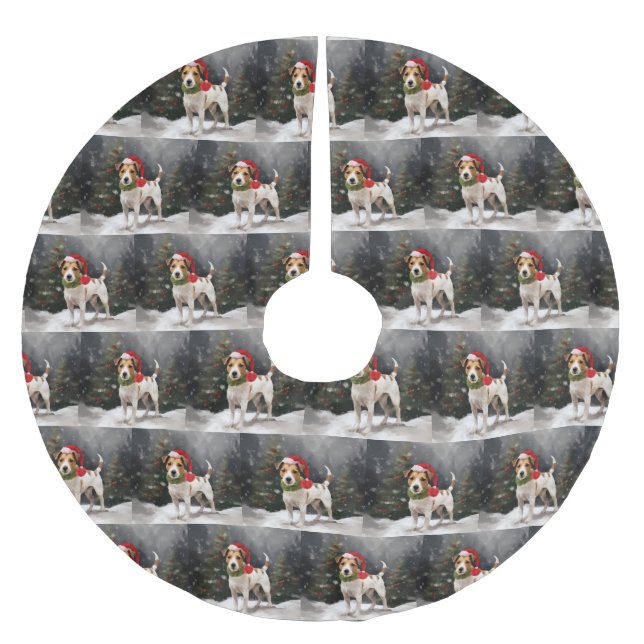 Jack Russell Dog in Schnee Weihnachten Polyester Weihnachtsbaumdecke (Vorderseite)