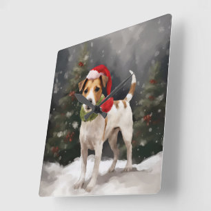 Jack Russell Dog in Schnee Weihnachten Quadratische Wanduhr