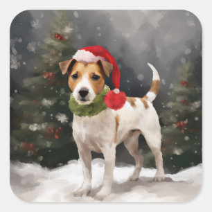 Jack Russell Dog in Schnee Weihnachten Quadratischer Aufkleber