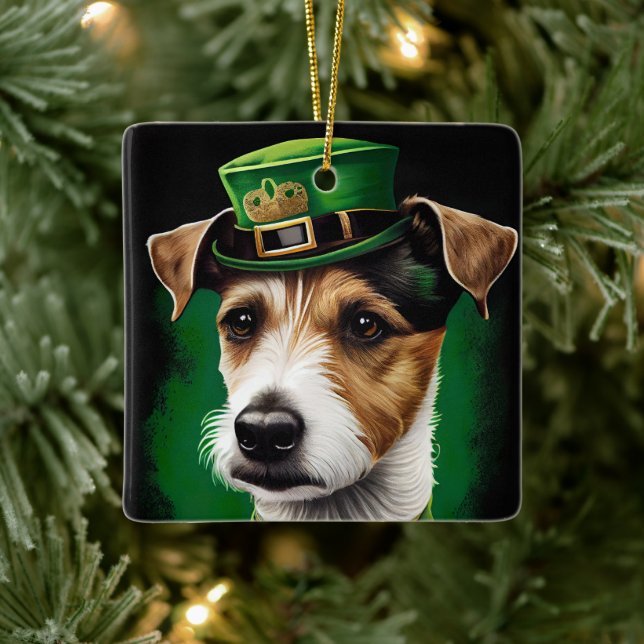 Jack Russell Dog in St. Patrick's Day Dress Keramikornament (Baum)
