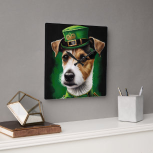 Jack Russell Dog in St. Patrick's Day Dress Quadratische Wanduhr