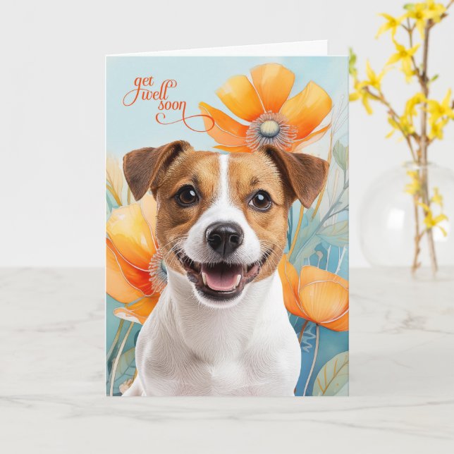 Jack Russell Dog Orange Poppy Flowers Get Well Karte (Gelbe Blume)