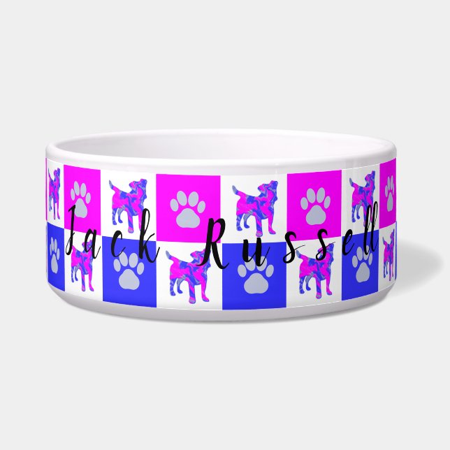 Jack Russell Dog & Paw Hot Pink & Blue Pet Bowl Napf (Vorderseite)