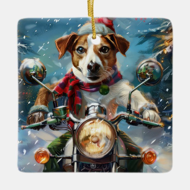 Jack Russell Dog Riding Motorrad Weihnachten Keramikornament (Vorderseite)