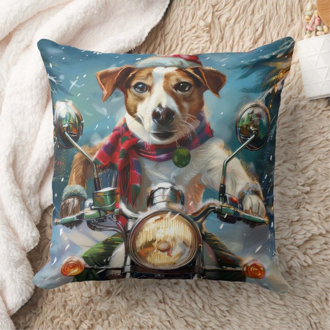 Jack Russell Dog Riding Motorrad Weihnachten Kissen (Decke)