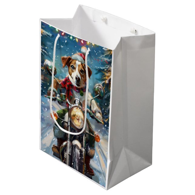 Jack Russell Dog Riding Motorrad Weihnachten Mittlere Geschenktüte (Vorderseite Schrägansicht)