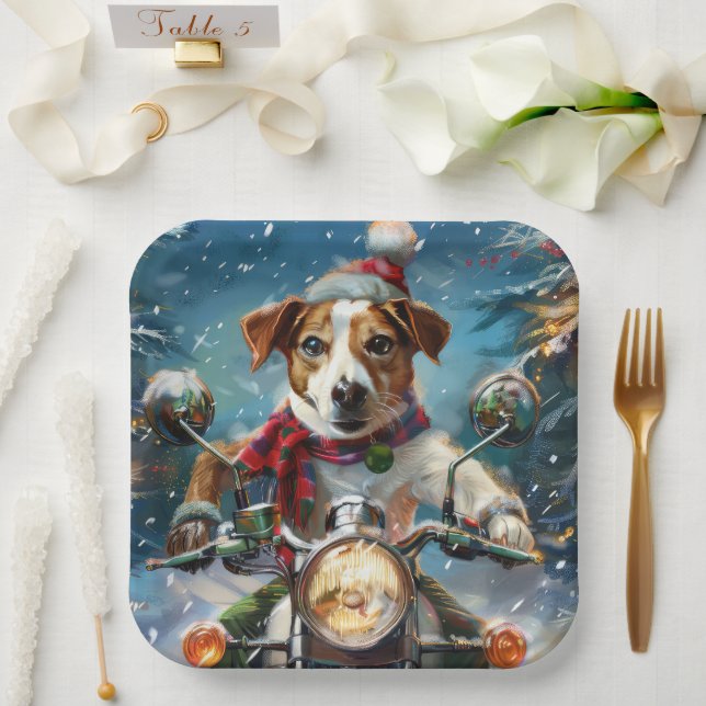 Jack Russell Dog Riding Motorrad Weihnachten Pappteller (Hochzeit)