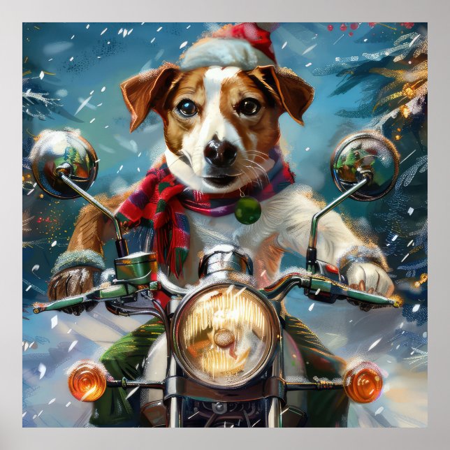 Jack Russell Dog Riding Motorrad Weihnachten Poster (Vorne)