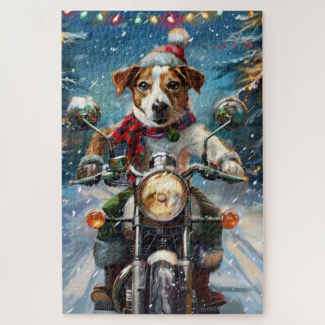 Jack Russell Dog Riding Motorrad Weihnachten Puzzle (Vertikal)