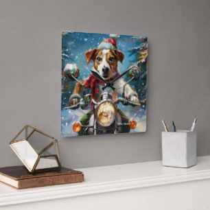 Jack Russell Dog Riding Motorrad Weihnachten Quadratische Wanduhr