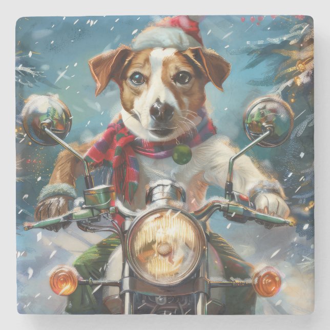 Jack Russell Dog Riding Motorrad Weihnachten Steinuntersetzer (Vorderseite)