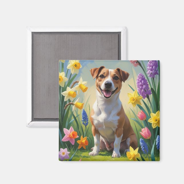 Jack Russell Dog Spring Flowers Malerei Magnet (Vorderseite/Rückseite)
