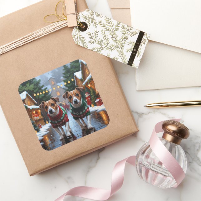 Jack Russell Dogs Christmas Snow Holiday Quadratischer Aufkleber (Schenken)