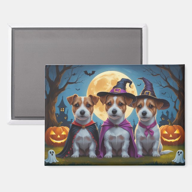 Jack Russell Dogs Pumpkin Halloween Funny Magnet (Vorderseite/Rückseite)