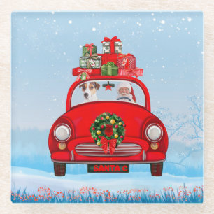 Jack Russell fährt mit dem Weihnachtsmann in Auto Glasuntersetzer