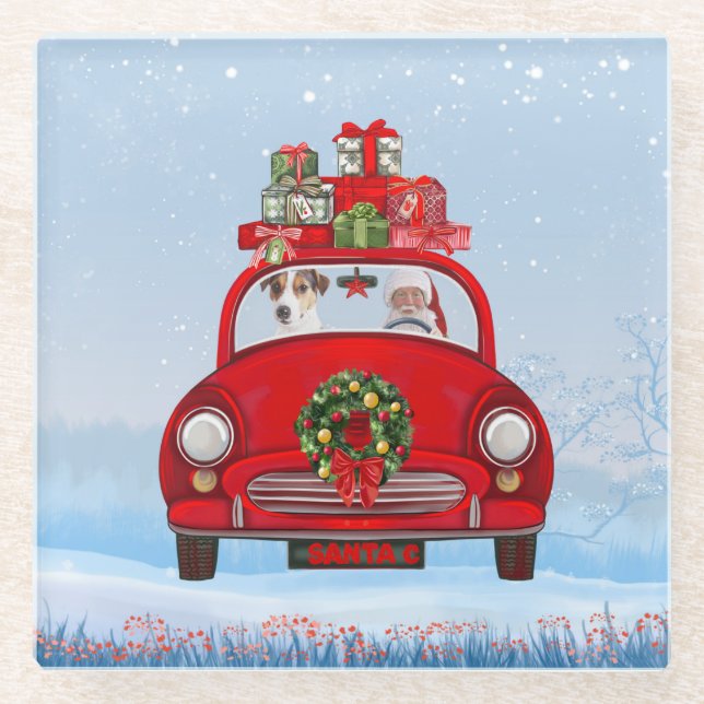 Jack Russell fährt mit dem Weihnachtsmann in Auto Glasuntersetzer (Vorderseite)