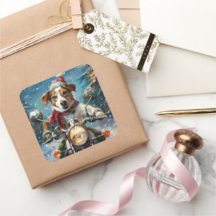 Jack Russell Hund fährt Motorrad Weihnachten  Quadratischer Aufkleber