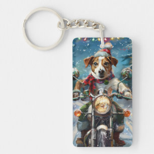 Jack Russell Hund fährt Motorrad Weihnachten Schlüsselanhänger