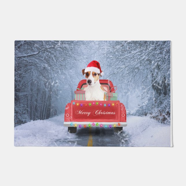 Jack Russell Hund im Schnee sitzen zu Weihnachten Fußmatte (Vorderseite)