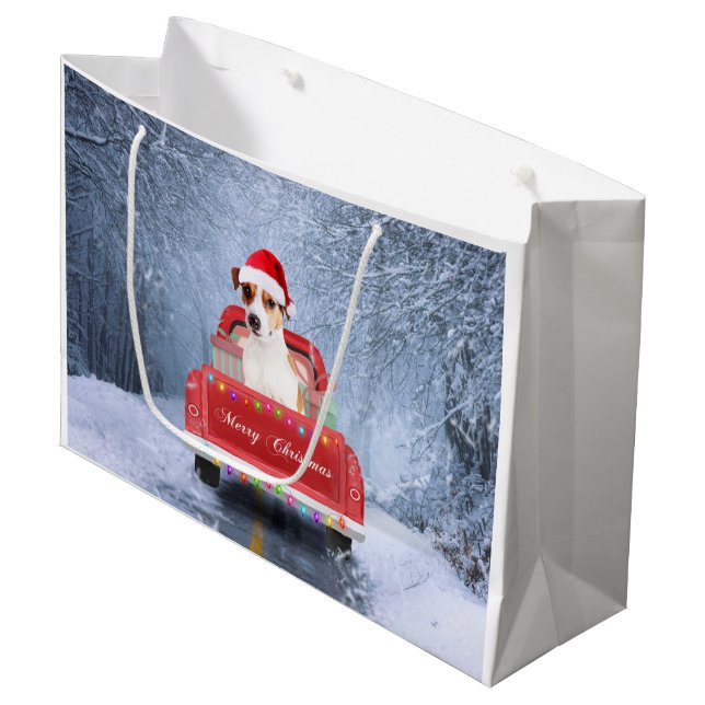 Jack Russell Hund im Schnee sitzen zu Weihnachten Große Geschenktüte (Vorderseite Schrägansicht)