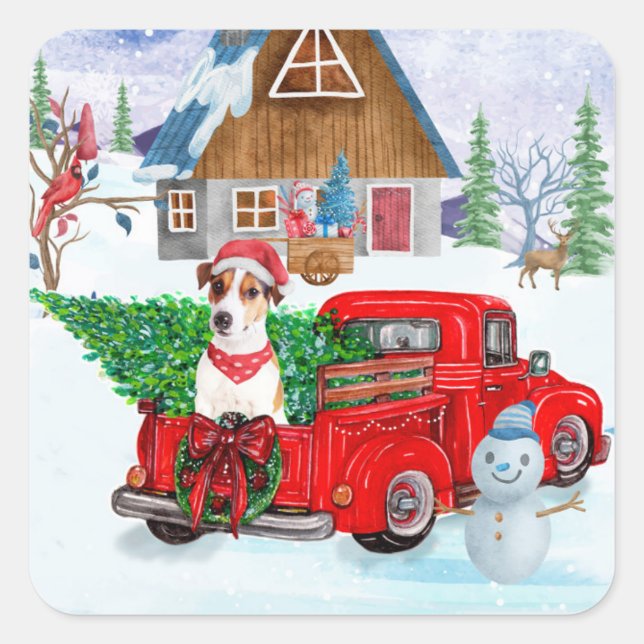 Jack Russell Hund in der Weihnachtslieferung LKW S Quadratischer Aufkleber (Vorderseite)