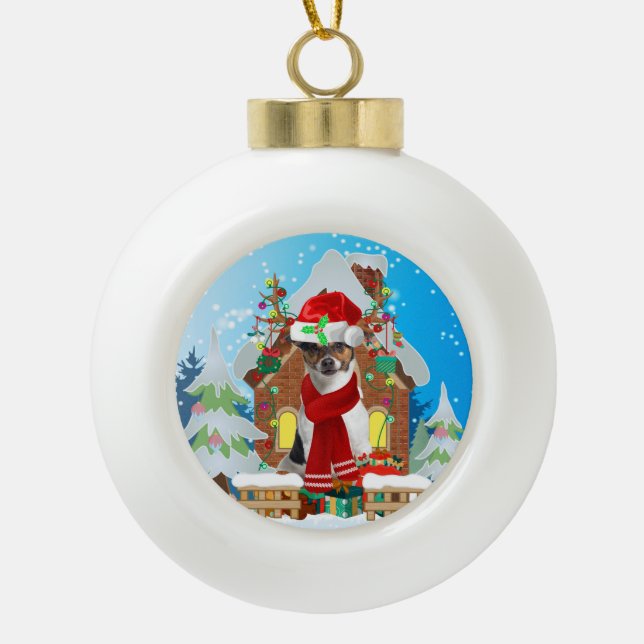 Jack Russell Hund mit Weihnachtsgeschenken Keramik Kugel-Ornament (Vorderseite)