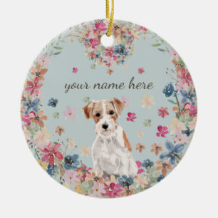 Jack Russell Hund Welpe Blumen Kreisrahmen Keramik Ornament