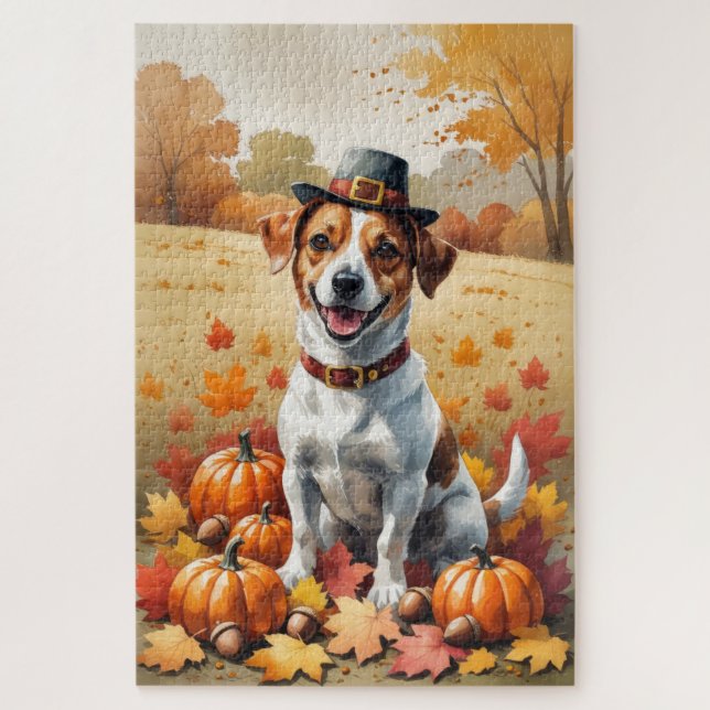 Jack Russell im Herbst lässt Erntedank Kunst Puzzle (Vertikal)