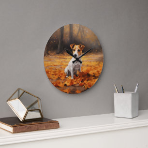 Jack Russell im Herbst Leaves Fall Inspiriert Große Wanduhr