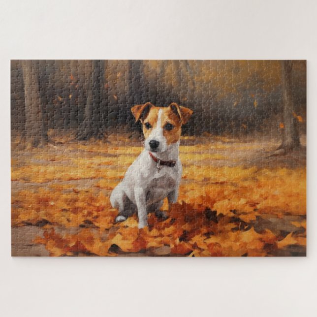 Jack Russell im Herbst Leaves Fall Inspiriert Puzzle (Horizontal)