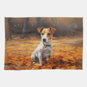 Jack Russell im Herbstlaub Fall Inspiriert Geschirrtuch