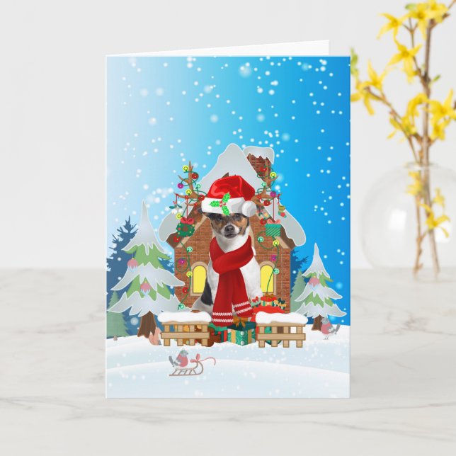 Jack Russell im Schnee mit Weihnachtsgeschenken Karte (Gelbe Blume)