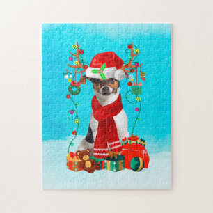 Jack Russell im Schnee mit Weihnachtsgeschenken Puzzle