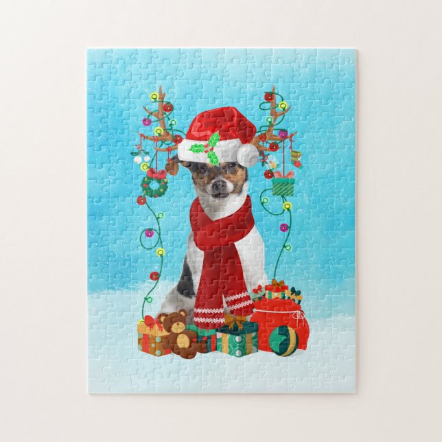 Jack Russell im Schnee mit Weihnachtsgeschenken Puzzle (Vertikal)