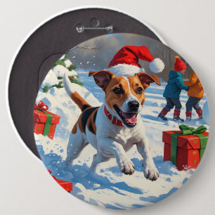 Jack Russell läuft im Schnee mit Weihnachtsmütze Button