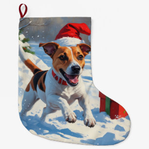 Jack Russell läuft im Schnee mit Weihnachtsmütze Großer Weihnachtsstrumpf