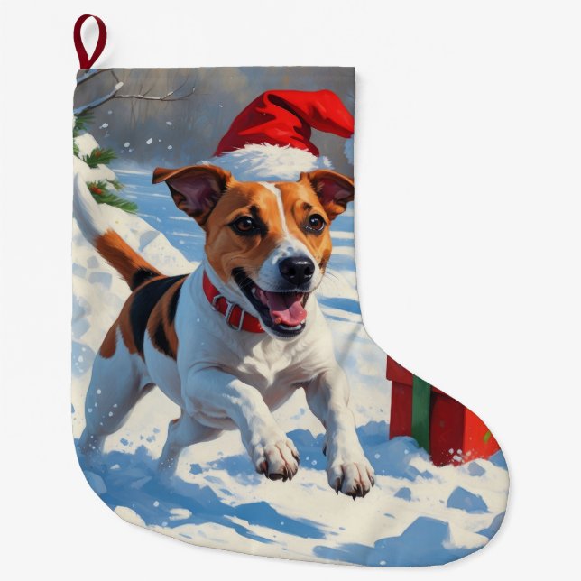 Jack Russell läuft in Snow mit Weihnachtsmütze Großer Weihnachtsstrumpf